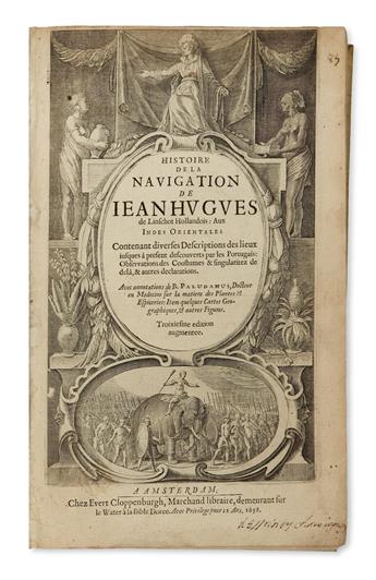 TRAVEL  LINSCHOTEN, JAN HUYGEN VAN. Histoire de la Navigation . . . Troisiesme edition augmentee. 1638. Lacks 6 plates and all 6 maps.